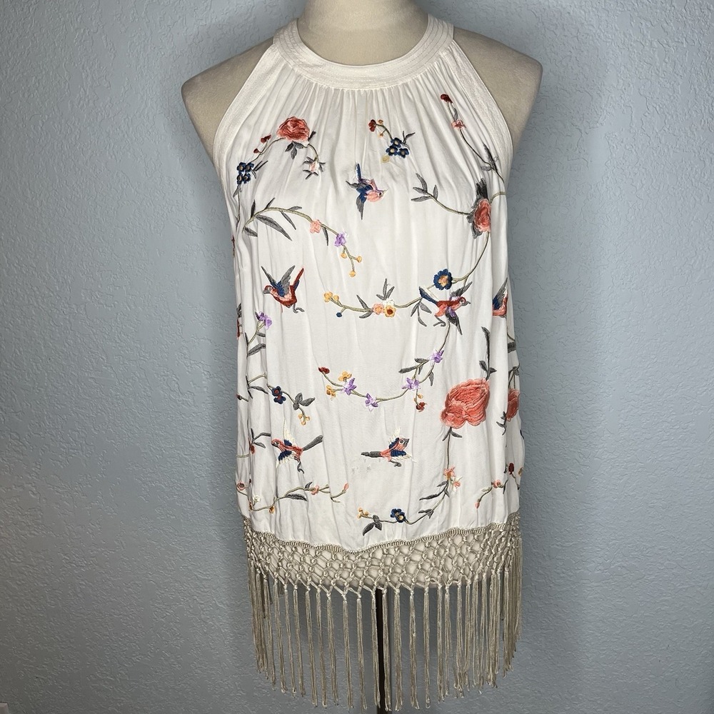 Anthropologie Womens Gatsby Top Size 10 Ivory Embroidered Floral Fringe Tank Top